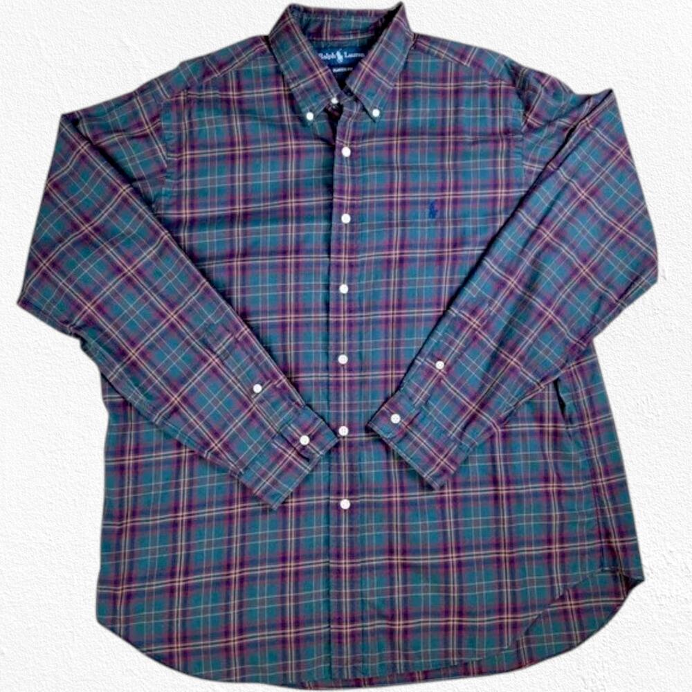 90s Vintage Ralph Lauren Red Green Plaid Classic Fit Button Down Shirt Size XL - Picture 2 of 7